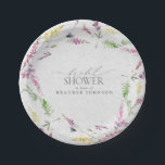 Plato De Papel Elegante Flor Silvestre Acuarela Floral Bridal Sho<br><div class="desc">Un plato único de papel con ducha de novia, de diseño moderno, con motivos acuarelas de flores silvestres en tonos suaves de rosa rubor, lila y lavanda, amarillos, azules y delicadas hojas botánicas verdes. Personaliza los detalles de tu ducha de novia en suave color negro, acentuado con una bella caligrafía...</div>