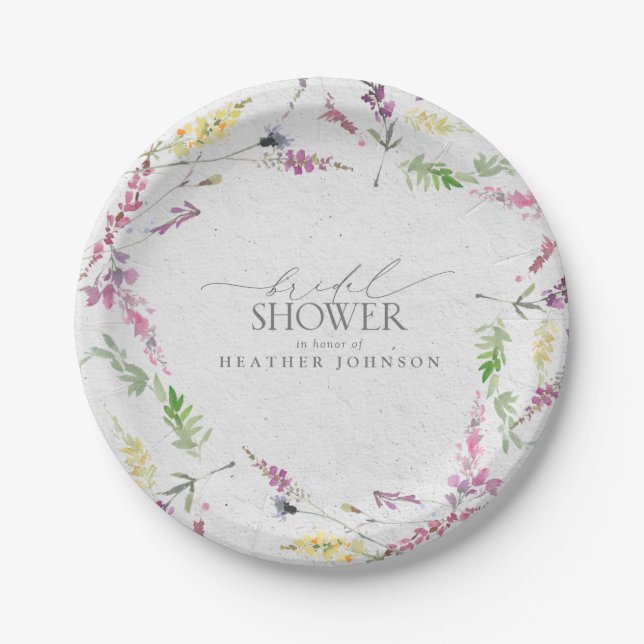 Plato De Papel Elegante Flor Silvestre Acuarela Floral Bridal Sho (Anverso)