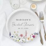 Plato De Papel Elegante Flor Silvestre Meadow Bridal Shower<br><div class="desc">Elegantes placas de papel con flores para la ducha de novia con un borde inferior de flores silvestres acuáticas y follaje en tonos rosas, amarillos, violetas, azules y verdes sobre un fondo blanco. Personalice los platos de papel de ducha con flores silvestres con el nombre de la futura novia y...</div>