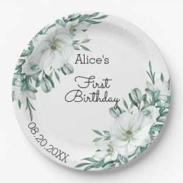 Plato De Papel Elegante Flora de Magnolia Blanca Verde Primer cum