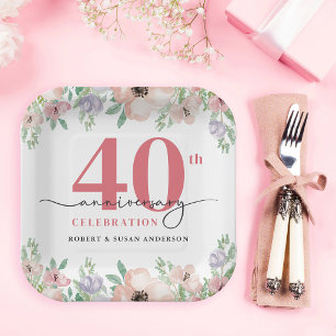 Plato De Papel Elegante Floral 40º Aniversario de Boda