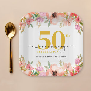 Plato De Papel Elegante Floral 50 Aniversario de Boda