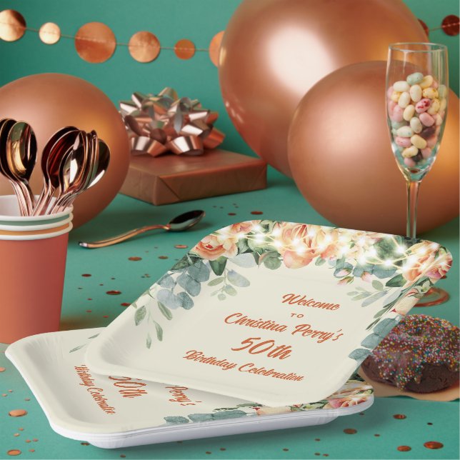 Plato De Papel Elegante Floral 50 cumpleaños Papare Plates (Multi)
