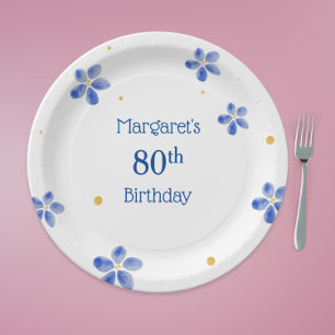 Plato De Papel Elegante Floral Acuarela Azul Minimalista