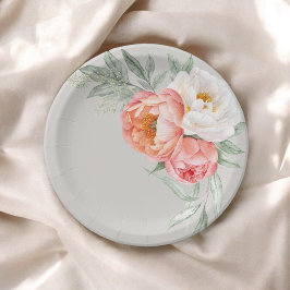 Plato De Papel Elegante Floral Acuarela en Melocotón e Marfil