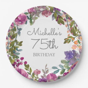 Plato De Papel Elegante Floral Acuarela Morado Cumpleaños 75