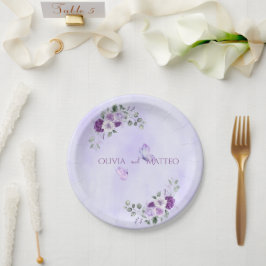 Plato De Papel Elegante Floral Acuarela Púrpura
