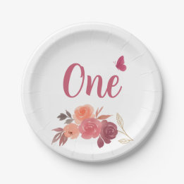 Plato De Papel Elegante Floral Acuarela Uno Cumpleaños 1º