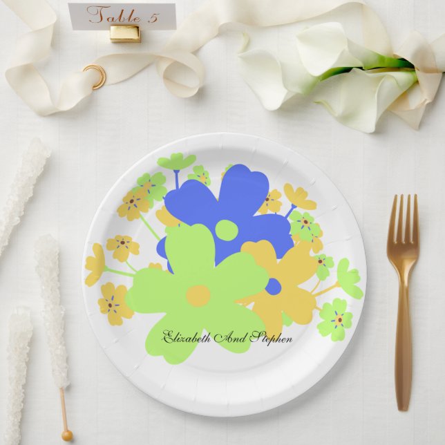 Plato De Papel Elegante Floral Amarillo Azul Verde (Boda)