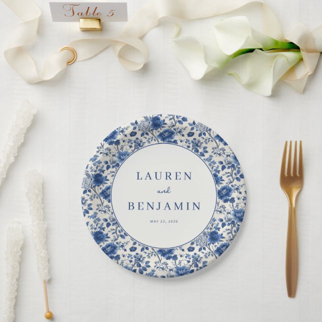 Plato De Papel Elegante Floral Azul (Boda)