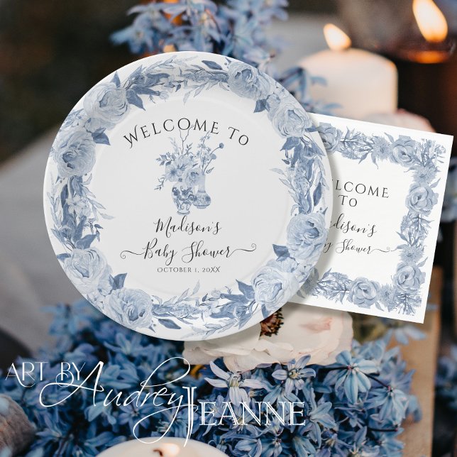 Plato De Papel Elegante Floral Azul Blanco Bienvenida Bebé Ducha (Subido por el creador)