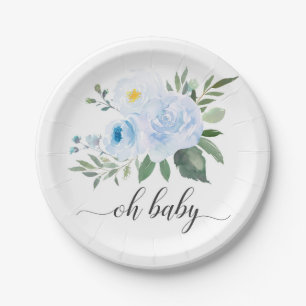 Plato De Papel Elegante floral azul Oh placa Baby Shower