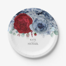Plato De Papel Elegante floral azul turbio y rojo borgoñoso