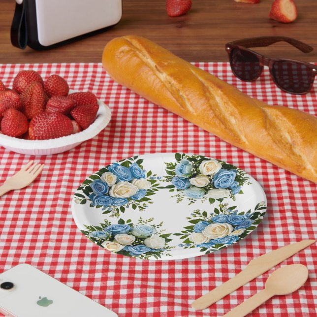 Plato De Papel Elegante Floral Azul y Blanco (Picnic)