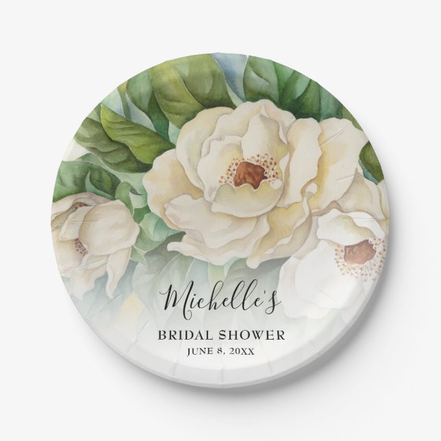 Plato De Papel Elegante Floral Blanco Magnolia Bridal Shower Nomb (Anverso)