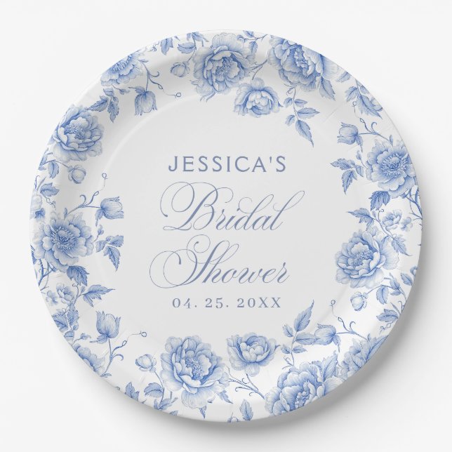 Plato De Papel Elegante Floral Blue Chinoiserie Bridal Shower (Anverso)