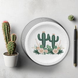 Plato De Papel Elegante Floral Boho Modern Cactus Baby Shower