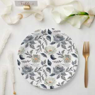 Plato De Papel Elegante Floral Botánico Acuarela Azul Gris Vintag