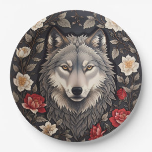 Plato De Papel Elegante Floral de Lobo Gris