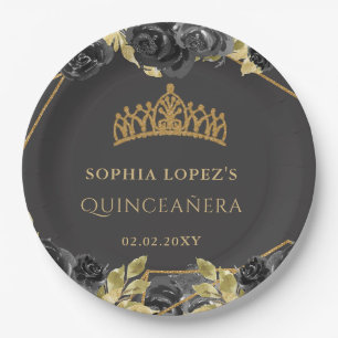 Plato De Papel Elegante Floral de oro negro Tiara Quinceanera