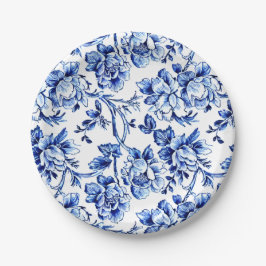 Plato De Papel Elegante Floral de tela azul y blanca