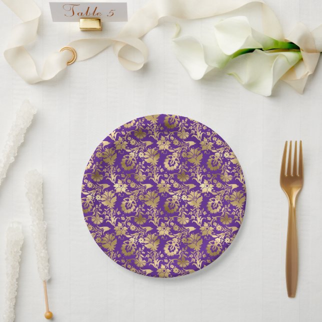 Plato De Papel Elegante floral dorada púrpura (Boda)