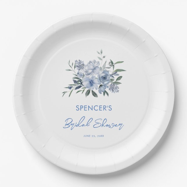 Plato De Papel Elegante Floral Dusty Blue Bridal Shower (Anverso)