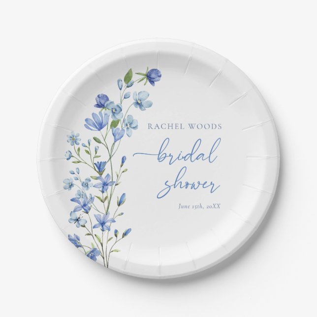 Plato De Papel Elegante Floral Dusty Blue Bridal Shower (Anverso)