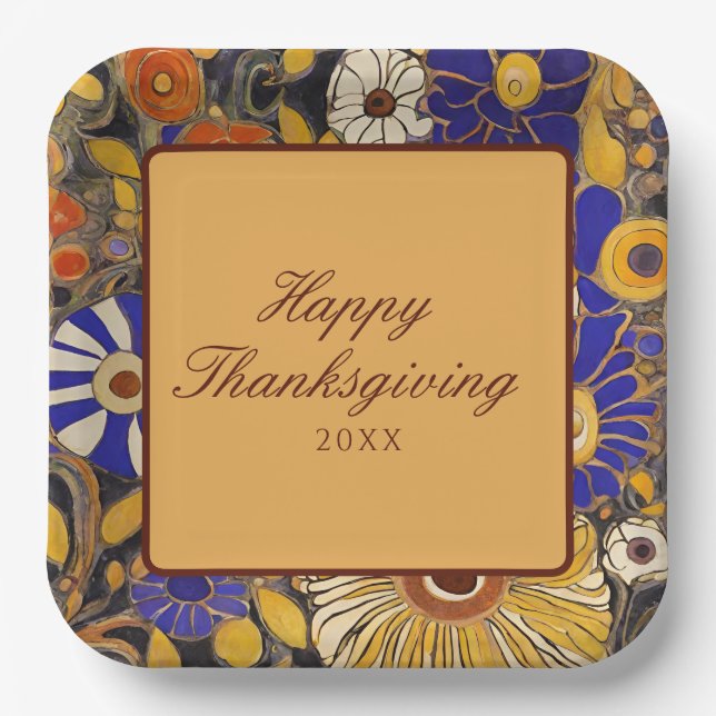 Plato De Papel Elegante Floral Feliz Día de Gracias (Anverso)
