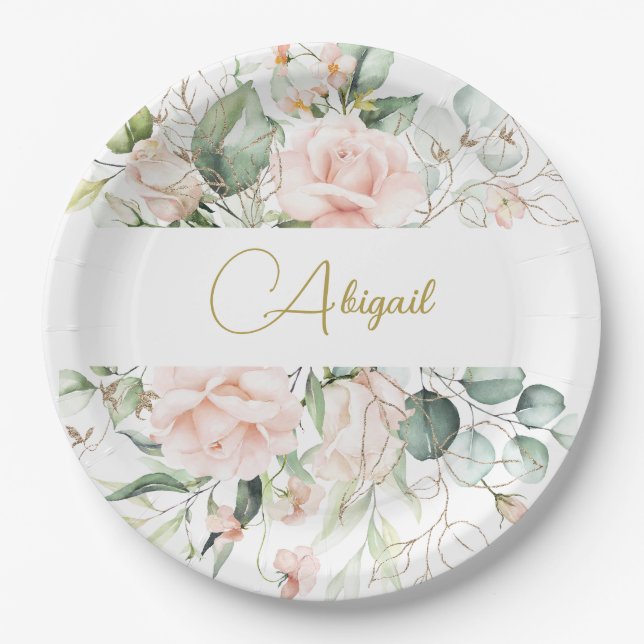 Plato De Papel Elegante Floral Personal Roses rosados (Anverso)