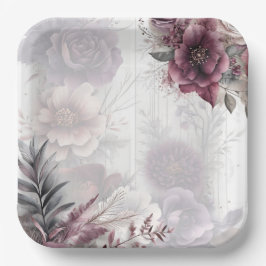 Plato De Papel Elegante floral púrpura, rosa y burdeos 