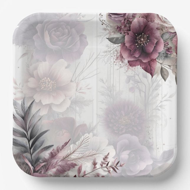 Plato De Papel Elegante floral púrpura, rosa y burdeos  (Anverso)
