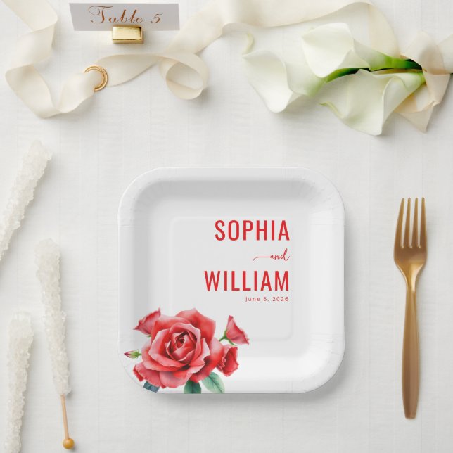 Plato De Papel Elegante Floral Rojo (Boda)