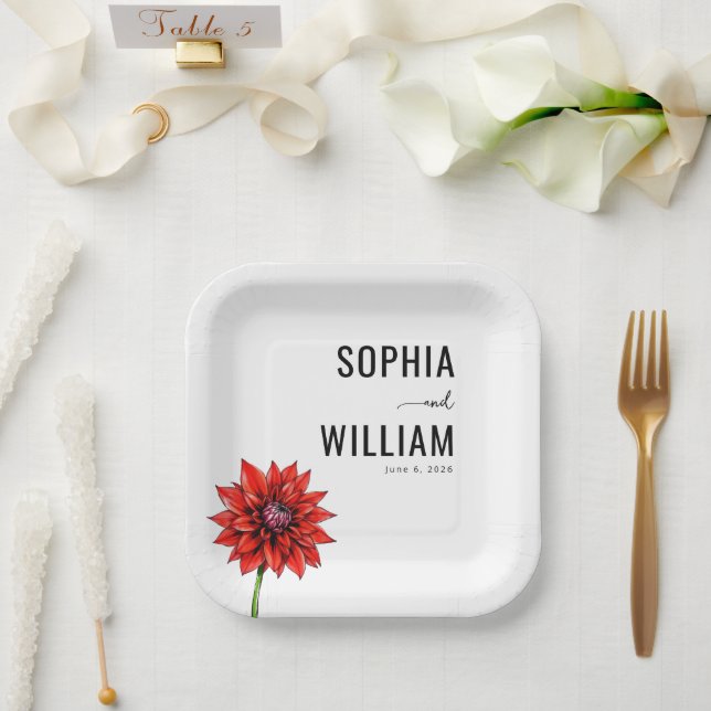 Plato De Papel Elegante Floral Rojo (Boda)