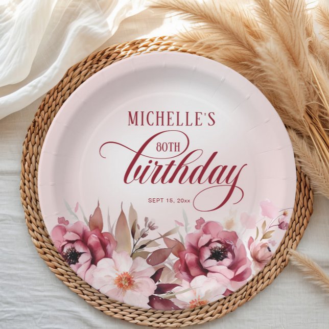Plato De Papel Elegante Floral rosa de Borgoña 80 cumpleaños (Elegant burgundy and pink watercolor floral birthday party paper plate)