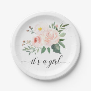 Plato De Papel Elegante floral rosa es una placa Baby Shower Chic
