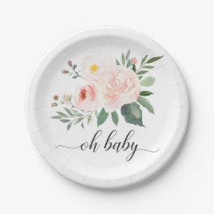 Plato De Papel Elegante floral rosa Oh placa Baby Shower