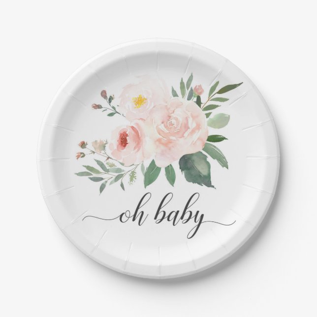 Plato De Papel Elegante floral rosa Oh placa Baby Shower (Anverso)