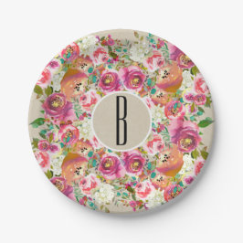 Plato De Papel Elegante Floral Rústico Chic Kraft Monograma Boda