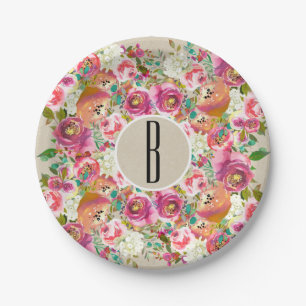 Plato De Papel Elegante Floral Rústico Chic Kraft Monograma Boda
