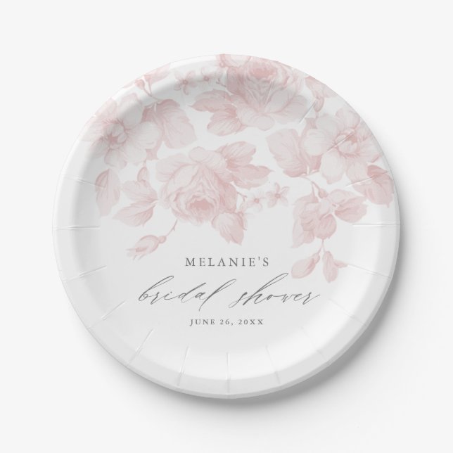 Plato De Papel Elegante Floral Script ducha de novia rosa (Anverso)