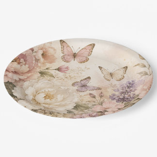 Plato De Papel Elegante Floral y Mariposa en Acuarela