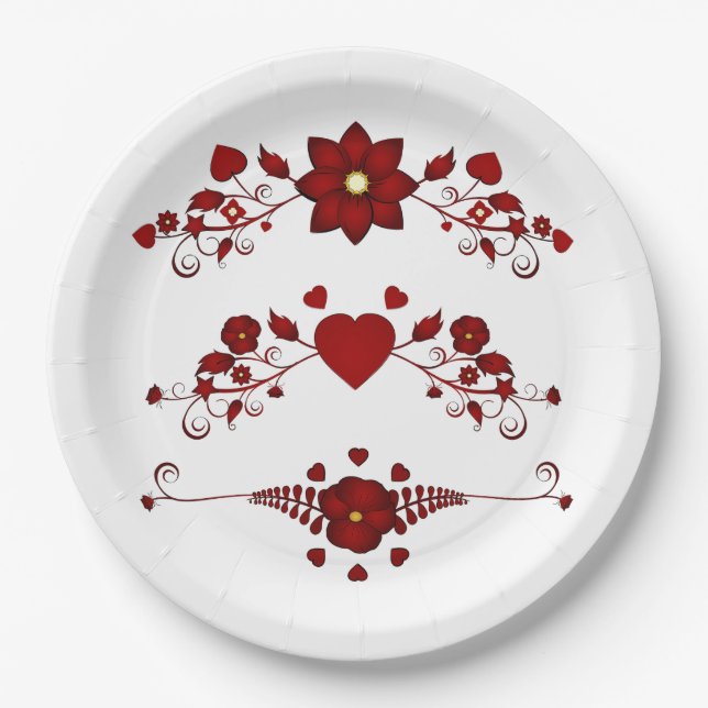 Plato De Papel Elegante Florecimiento Floral Rojo Profundo (Anverso)