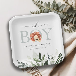 Plato De Papel Elegante Foliage Cute Boho Lion Oh Boy Baby Shower