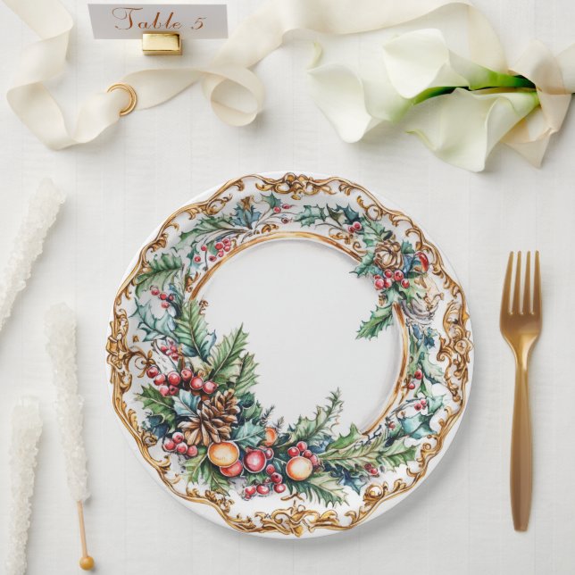 Plato De Papel Elegante follaje rococó para comedor navideño  (Boda)