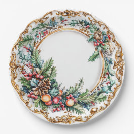 Plato De Papel Elegante follaje rococó para comedor navideño 