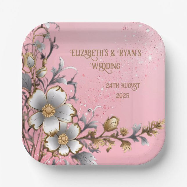 Plato De Papel Elegante fondo de Boda de espuma rosa (Anverso)