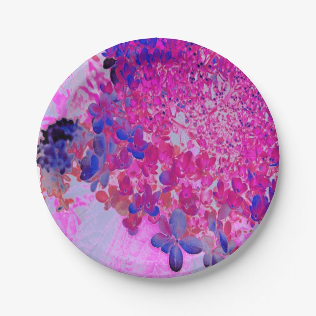 Plato De Papel Elegante Fuchsia e Hidrangea Luminosa Azul Oscuro (Anverso)