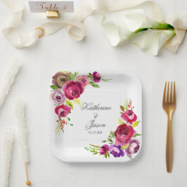 Plato De Papel Elegante Fuchsia Roses rosados Romántico Boda Jard