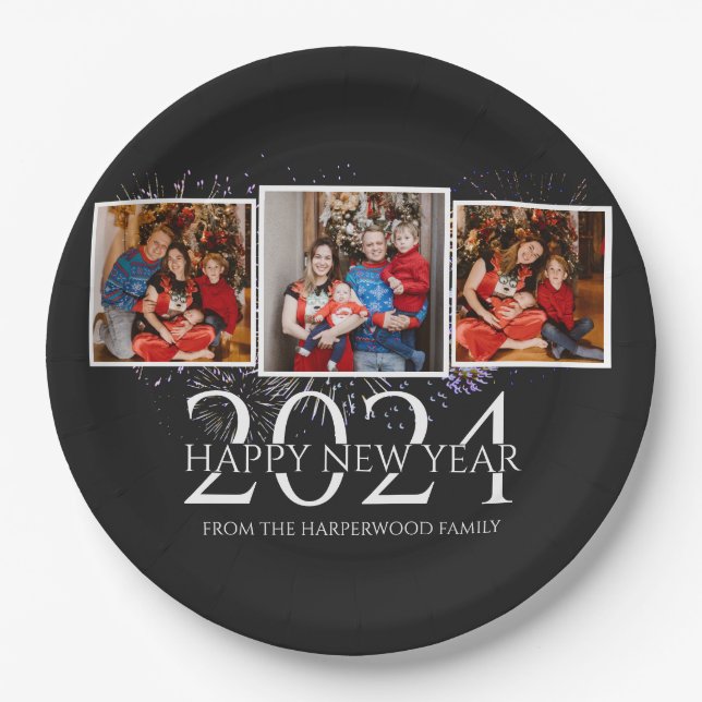 Plato De Papel Elegante Fuego Moderno Feliz Año Nuevo Tres Foto (Anverso)